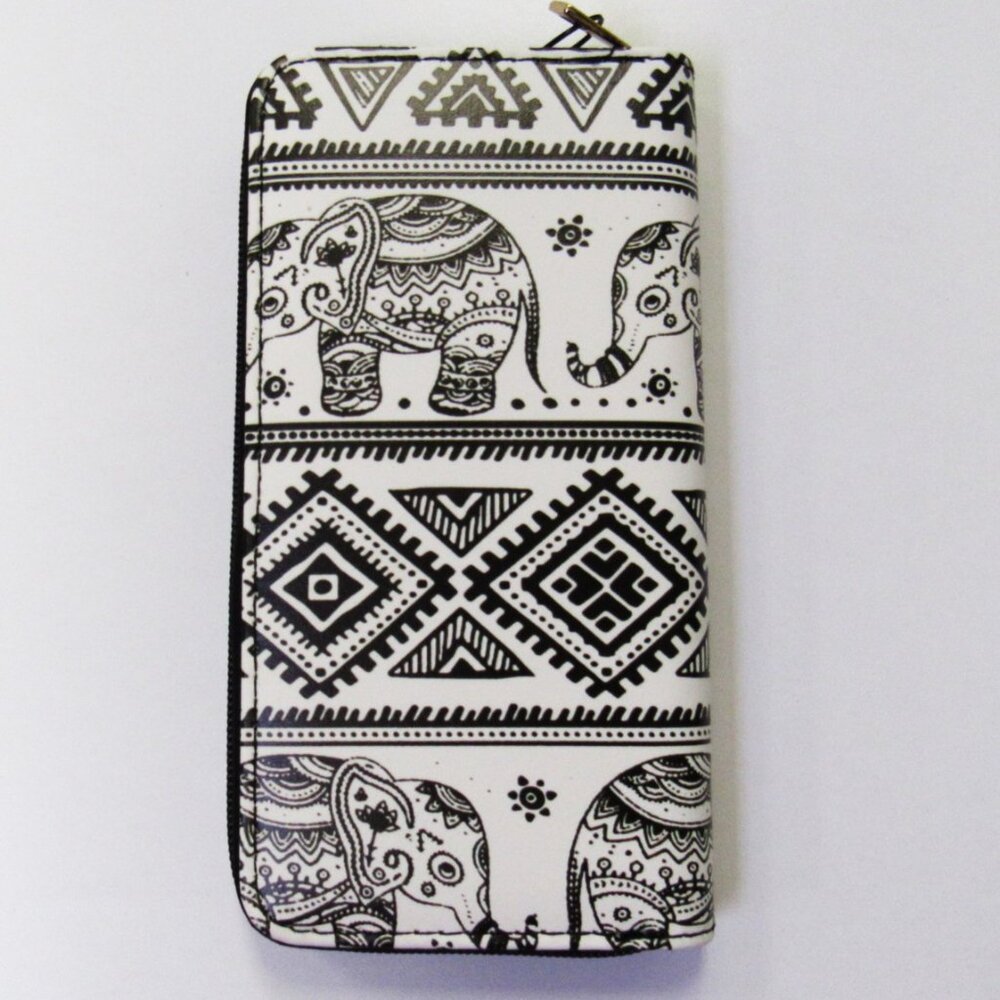 Black & White Elephant Print Ladies Zippered Long Wallet Vegan Leather NEW  You - Picture 2 of 4